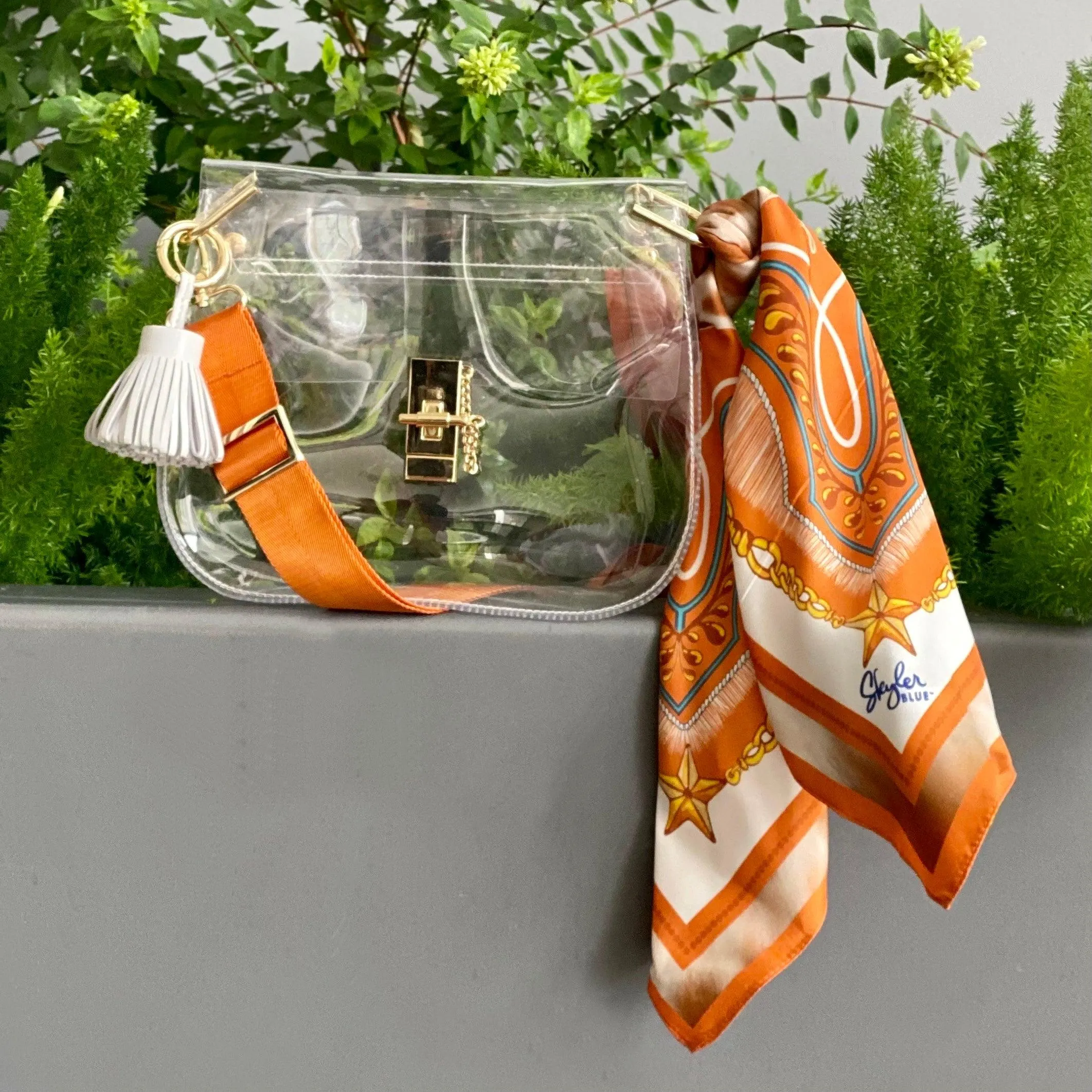 The Austin Clear Medium Saddle Bag - Clear Bag Burnt Orange Silk Scarf