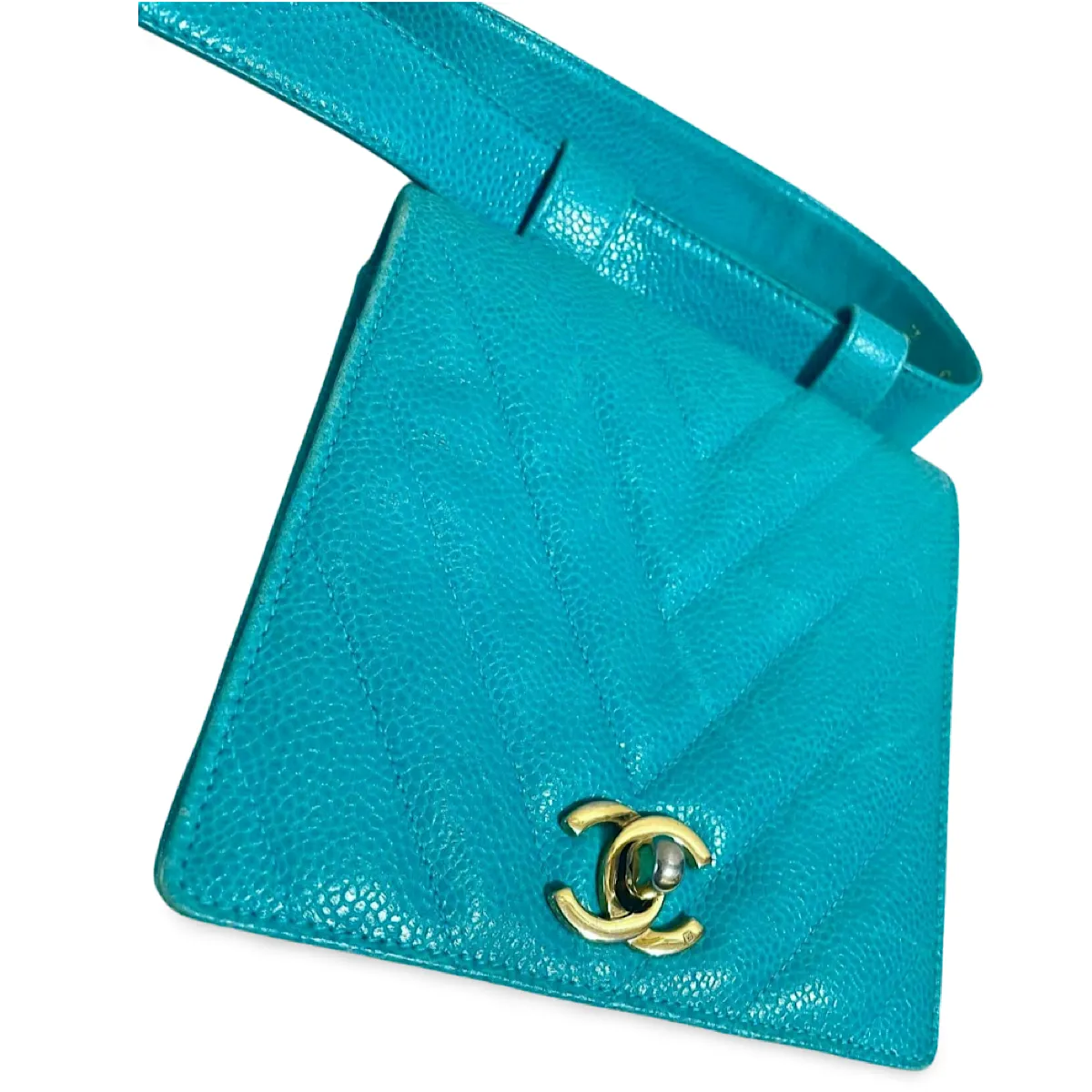 Vintage CHANEL turquoise blue caviar v stitch, chevron, waist bag, hip bag, fanny pack with matching belt with golden cc mark closure. 070225ac3