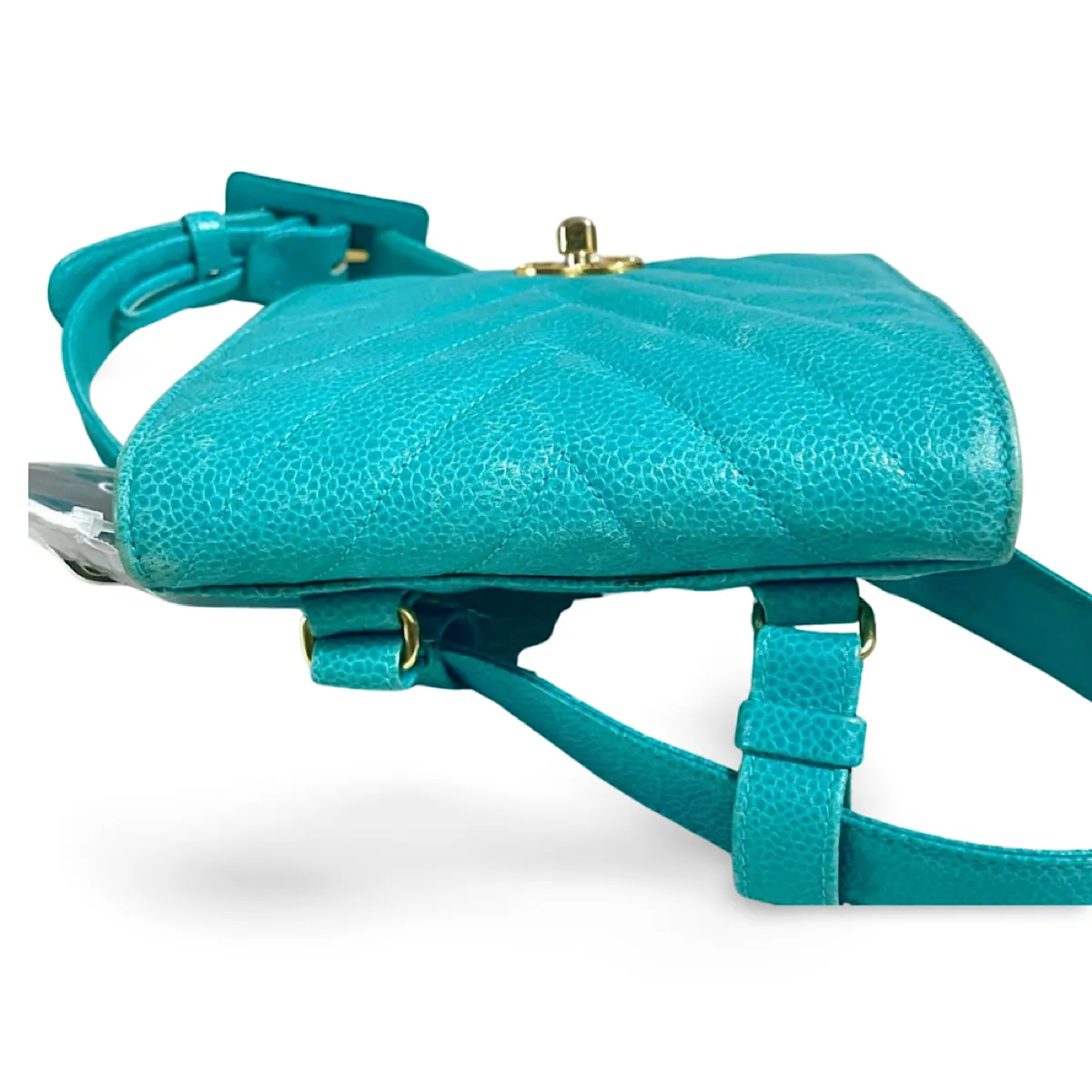 Vintage CHANEL turquoise blue caviar v stitch, chevron, waist bag, hip bag, fanny pack with matching belt with golden cc mark closure. 070225ac3