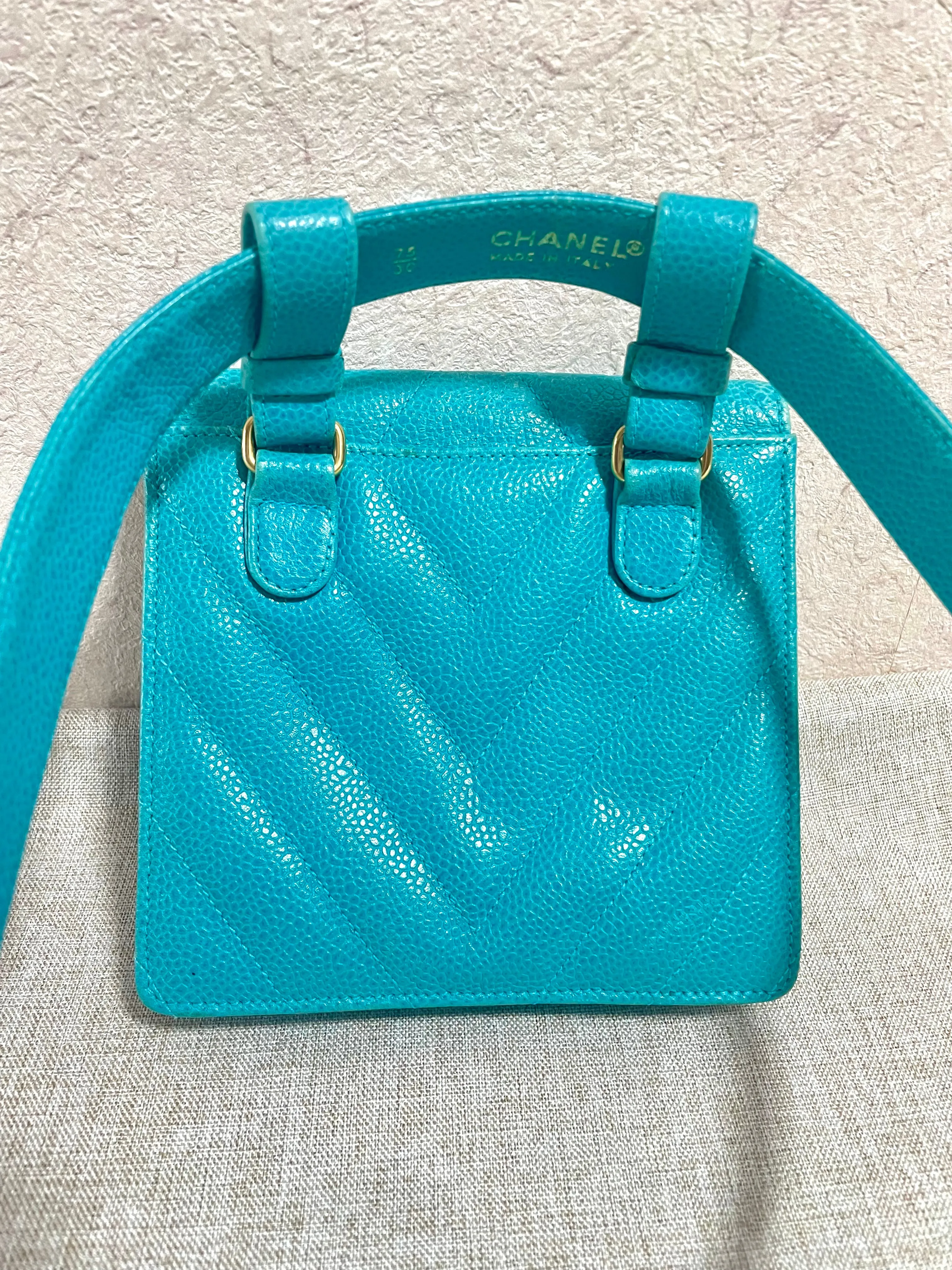 Vintage CHANEL turquoise blue caviar v stitch, chevron, waist bag, hip bag, fanny pack with matching belt with golden cc mark closure. 070225ac3