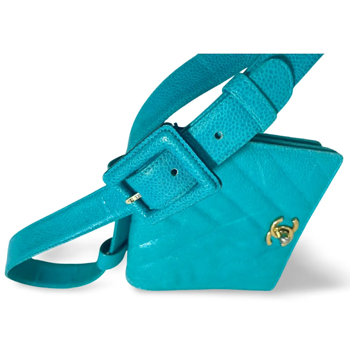 Vintage CHANEL turquoise blue caviar v stitch, chevron, waist bag, hip bag, fanny pack with matching belt with golden cc mark closure. 070225ac3