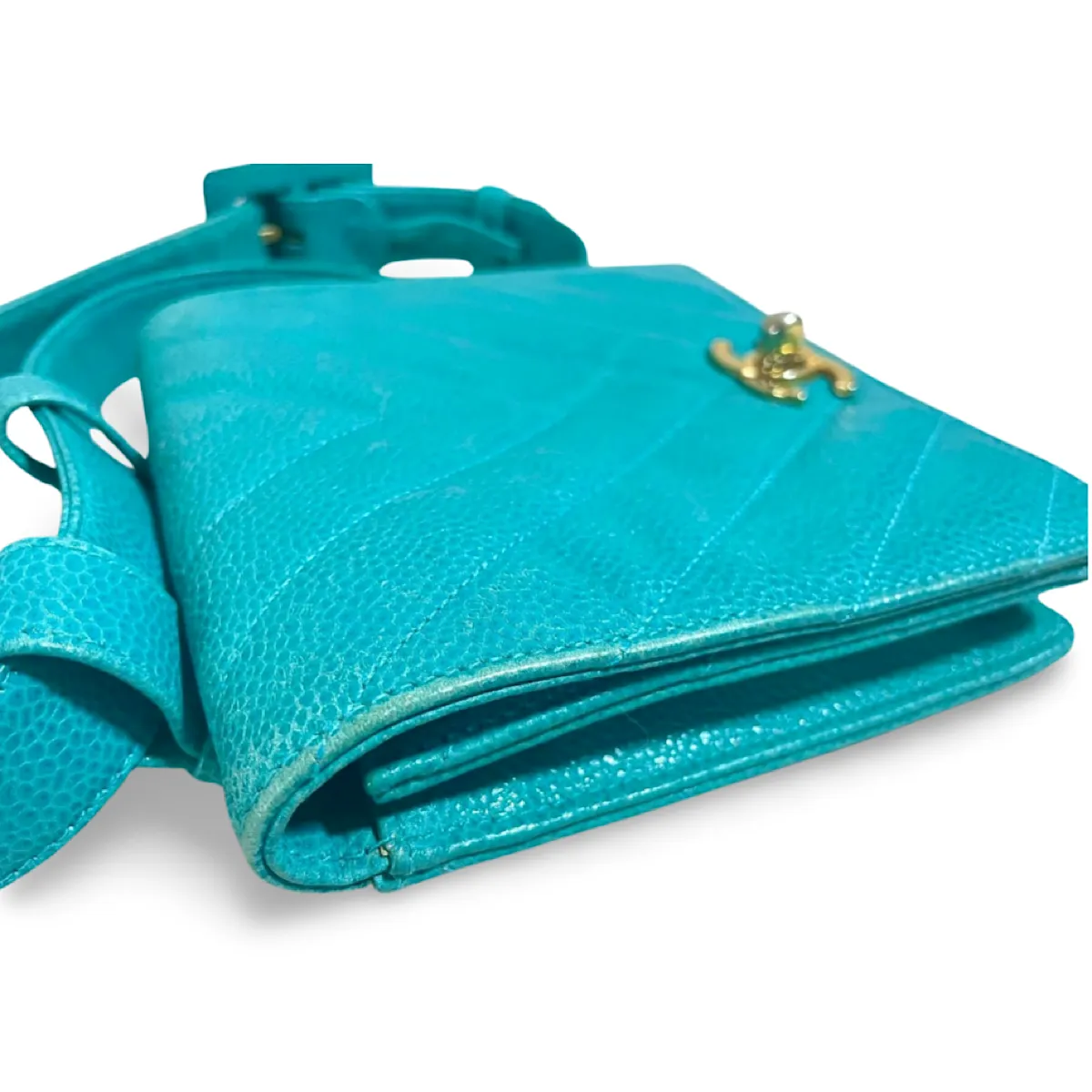 Vintage CHANEL turquoise blue caviar v stitch, chevron, waist bag, hip bag, fanny pack with matching belt with golden cc mark closure. 070225ac3